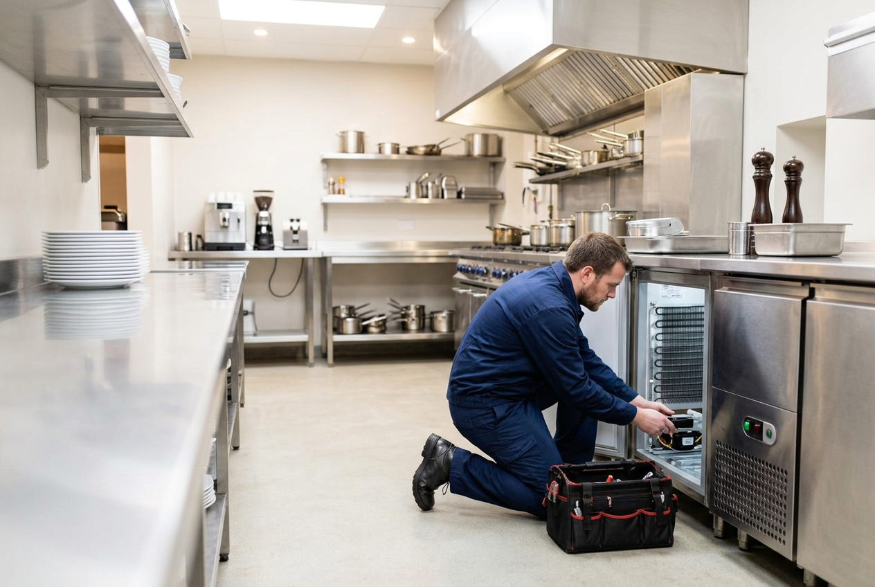 Engineer repairing a commercial fridge in a bright stainless-steel kitchen