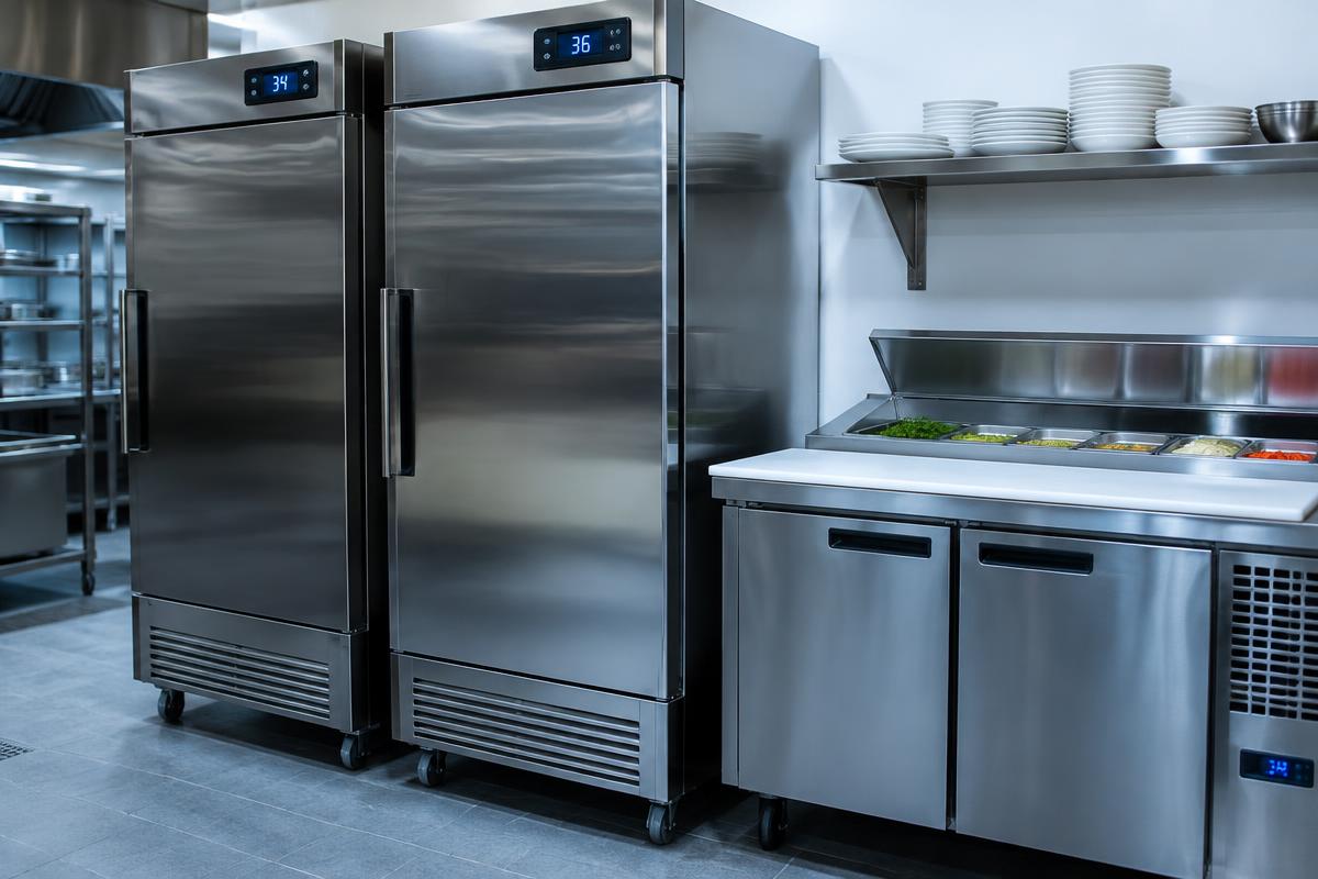 Commercial refrigeration in a stainless steel kitchen